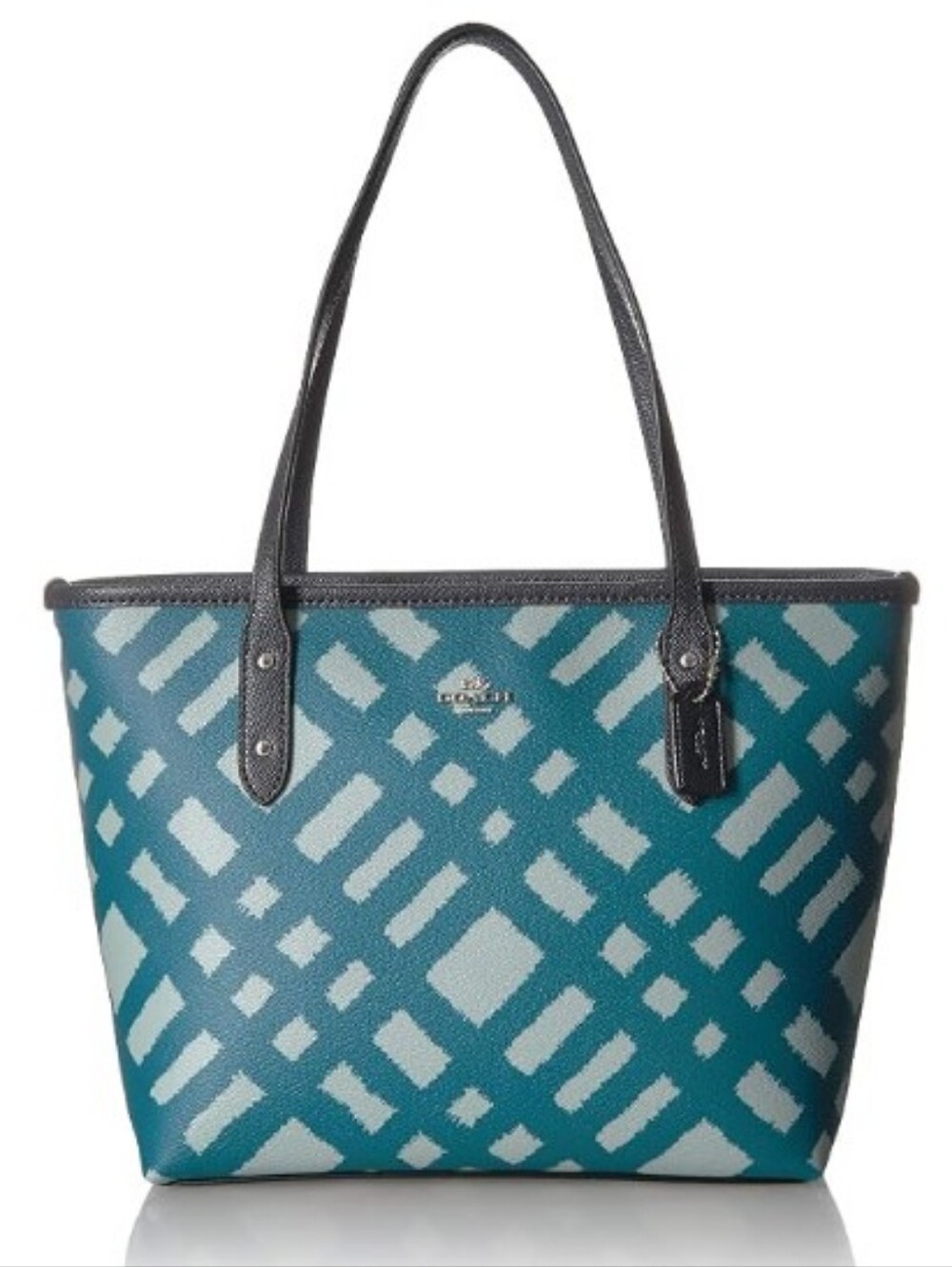 Coach-Wild Plaid Print City Zip Tote Bag (Blue /Multi/Silver) 💙🩵🩶